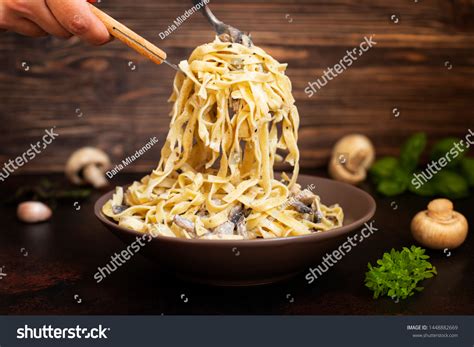 Homemade Italian Fettuccine Pasta Mushrooms Cream Stock Photo