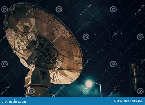 Close Up Of Satellite Dish Transmitting And Receiving Signals In The