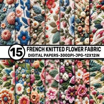 French Knitted Flower Fabric Pattern Digital Papers By Elks Art Studio