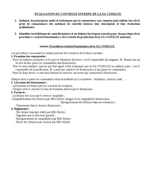 PDF Cas Corrig Evaluation Du Controle Interne De La Sa Cuisilux