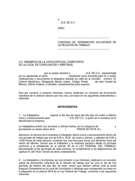 Convenio De Terminacion De La Relacion Laboral Tiempo De Trabajo México