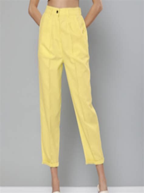 Buy Sassafras Women Yellow Regular Cropped Tapered Pure Cotton Trousers Trousers For Women