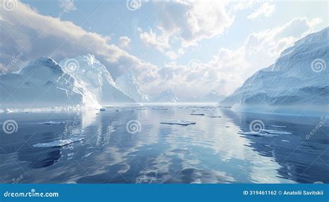 Multiple Icebergs Float In A Body Of Water Reflecting The Light In The