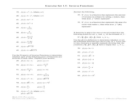 Exercise Set 1 5 Inverse Functions Lesson Plan For 11th Higher Ed