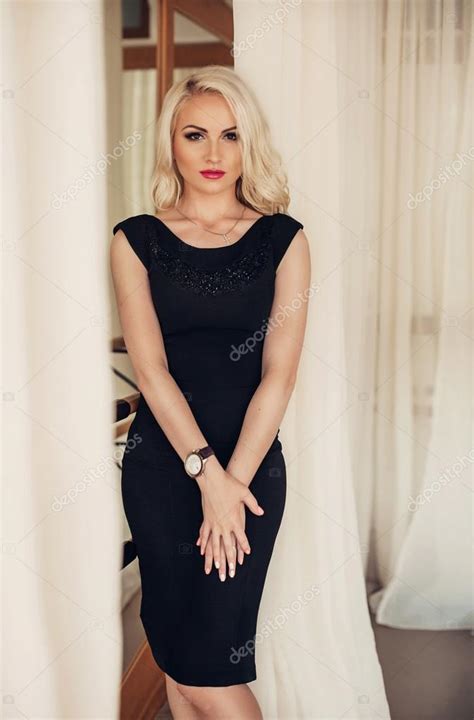 Blonde Woman In Fashion Black Dress Stock Photo By Forewer