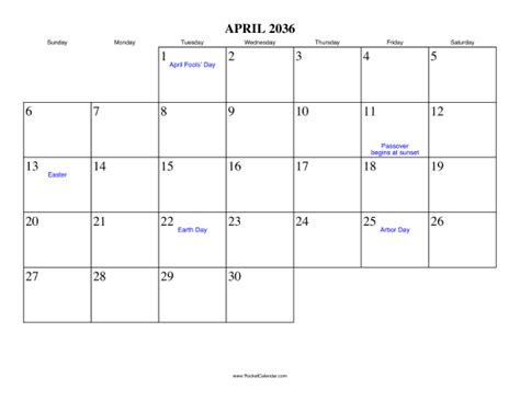 April 2036 Calendar