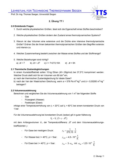 Übungen Technische Thermodynamik Übung 1 2 Übung TT I 2