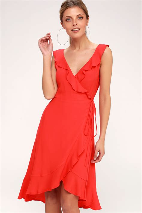 Cute Coral Red Dress Wrap Dress Ruffled Midi Dress Lulus