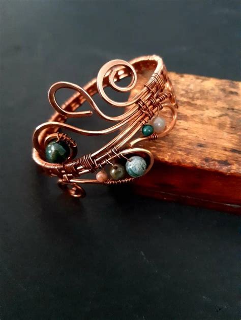 Wire Wrapped Copper Bracelet With Green Gemstone Beadsbangle Etsy