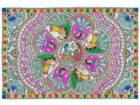 Krishna Raas Madhubani Painting Acrylic On Handmade Sheet By