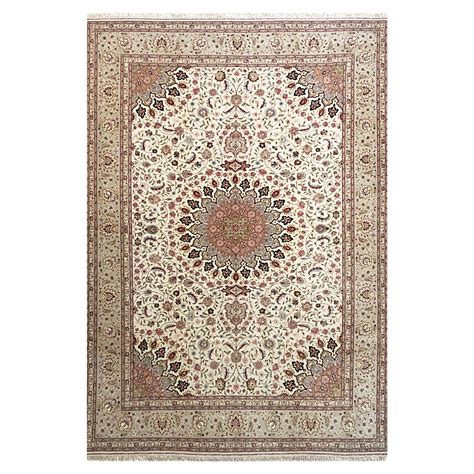 Persian Hand Knotted Medallion Floral Cream Silk Tabriz Rug For Sale At