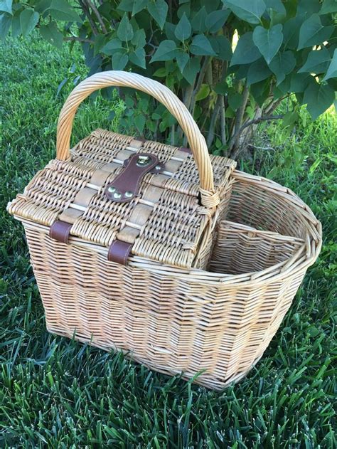 Vintage Wicker Picnic Basket With Hinged Double Lids 1970s Etsy