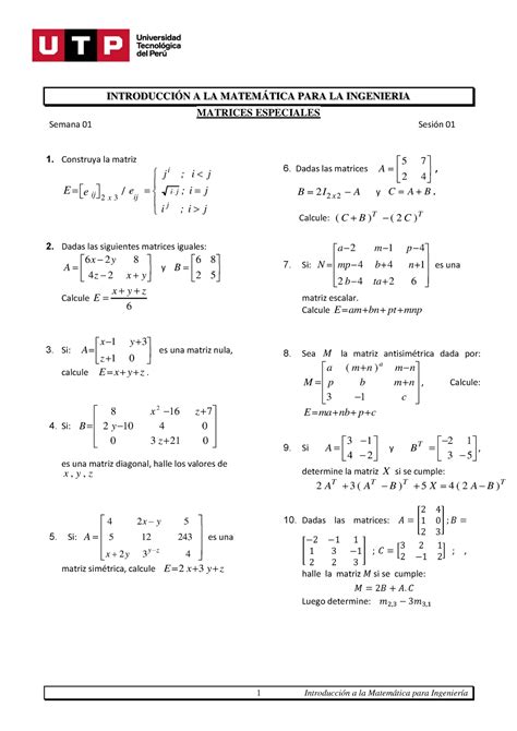 S01 s1 Resolver ejercicios Matrices 1 Introducción a la Matemática