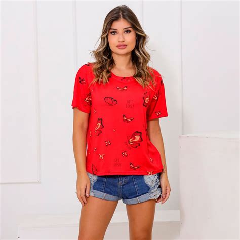 Blusa Feminina T Shirt Estampa De Borboleta Gola Redonda Feira Da