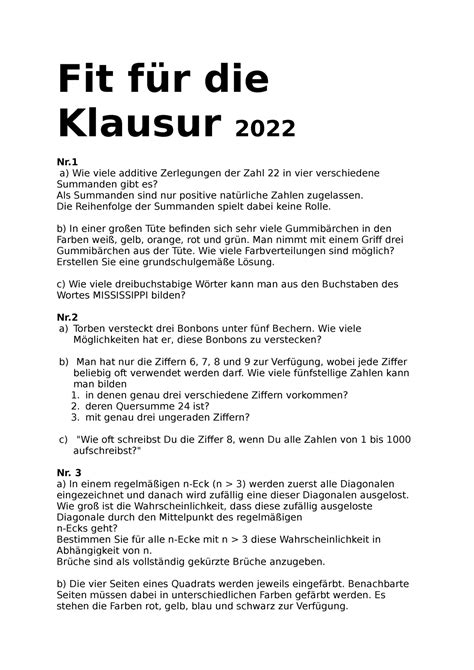 Sachrechnen Ffd K 2022 Fit für Klausur Aufgaben SoSe 2022 Fit