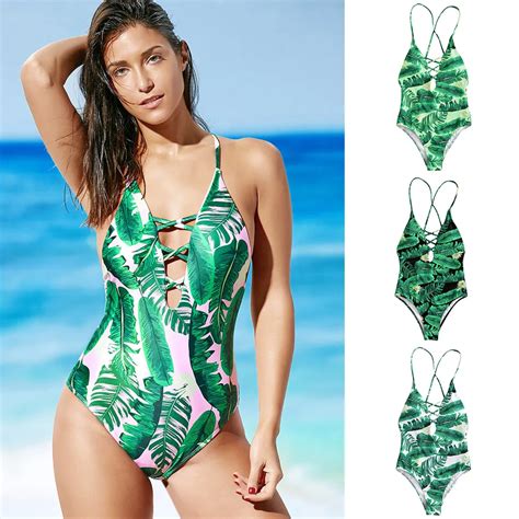 Zaful Women Palm Print Backless Plunge Padded One Piece Bathing Suit