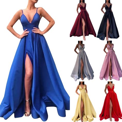 Qolati Women Satin Bridesmaid Dresses Deep V Neck Spaghetti Straps