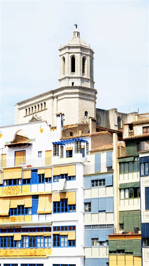 Facades of Buildings with Tower of the Cathedral, Girona, Stock Image ...