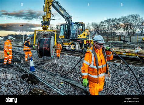 Rail Workers Laying New Track Balls Installing Points And Laying