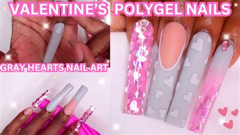 GRAY HEARTS NAIL ART POLYGEL NAIL TUTORIAL ENCAPSULATED GLITTER