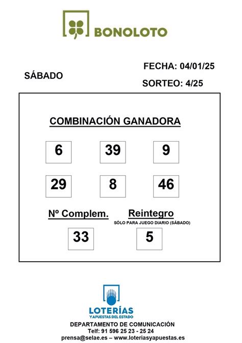 Combinación ganadora del sorteo de la Bonoloto celebrado este sábado