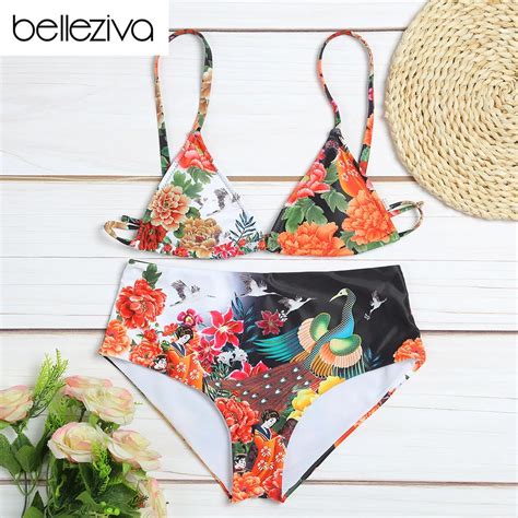 Belleziva Sexy Women Swimsuit Bird Floral Print Bathing Suits Plus Size