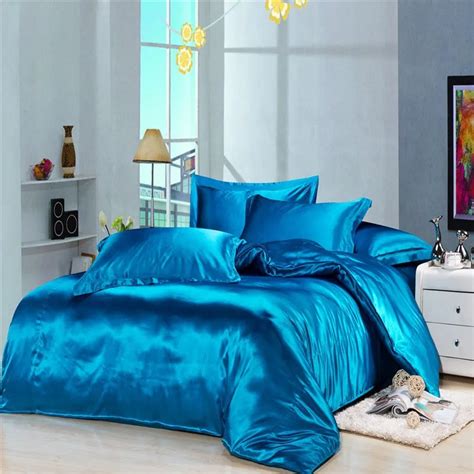 Luxury Blue Silk Satin Bedding Duvet Cover Comforter Sets 4pc Solid