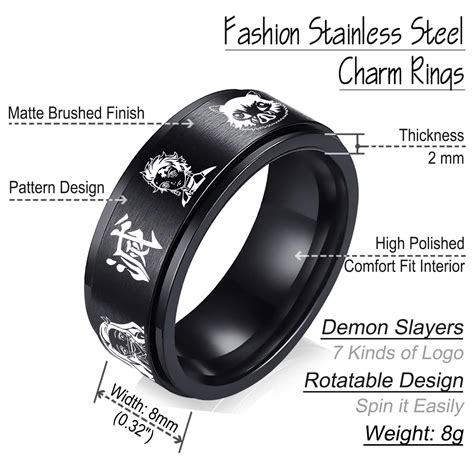 Antdear Black Stainless Steel Demon Slayer Spinner Ring Anime Rings For