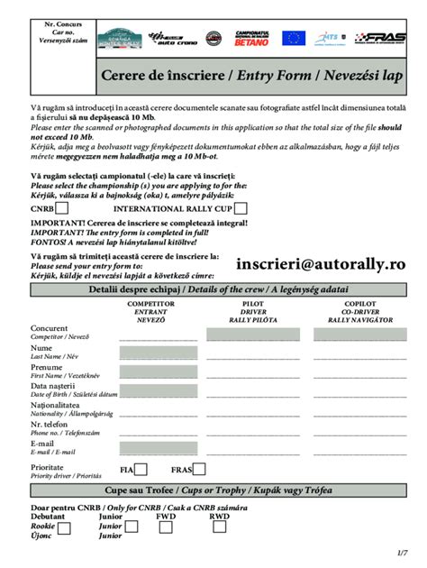 Fillable Online PDF CNRally2B Cerere De Nscriere Entry Form Nr