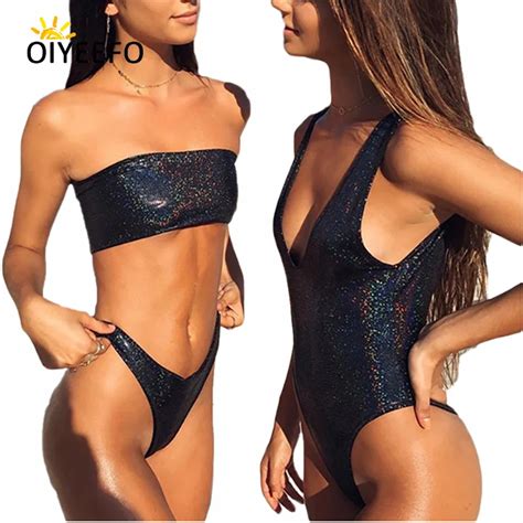 Aliexpress Buy Oiyeefo Shiny Black Metallic Bikini Sexy Thong