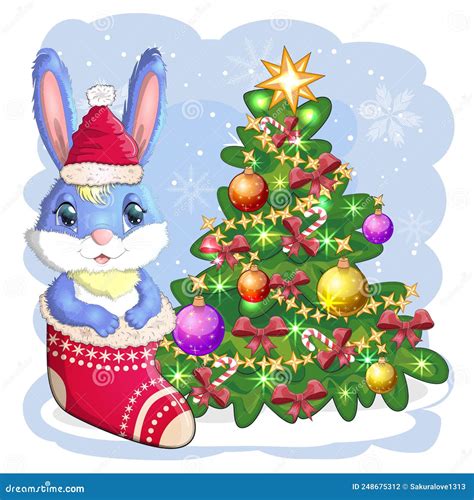 A Cute Cartoon Rabbit In A Santa Hat Sits In A Stocking Near A Decorated Christmas Tree Winter