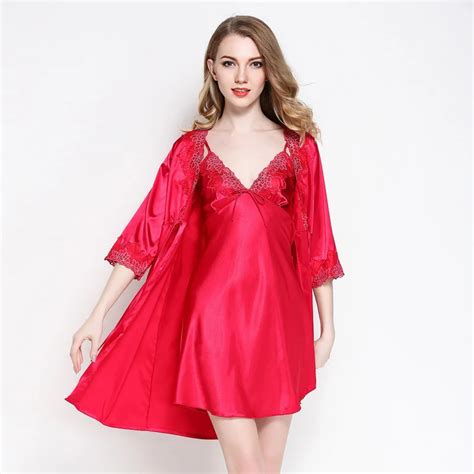 2019 Women Sexy Lace Silk Robe And Gown Set Sleep Dress Bathrobe Two