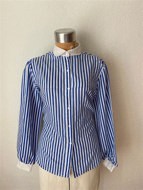 Blusa Vintage Sz Xl Azul Y Rayas Blancas S Paris Etsy