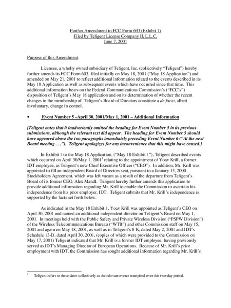 Fillable Online Further Amendment To Fcc Form Exhibit Filed By