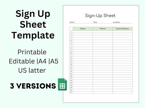 Printable Sign Up Sheet Google Sheet Sign Up Template Event Etsy