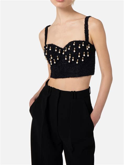 To E Elisabetta Franchi Tweed Bustier Top With Pearls