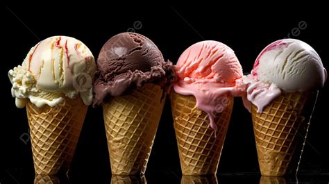 Diferentes Sabores De Helados En Conos Sobre Un Fondo Negro Hermosa