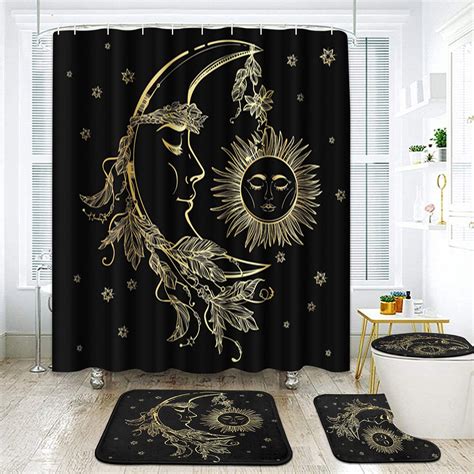 Moon Phase Moonlit Shower Curtain Set Black Celestial Flower Floral