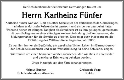 Traueranzeigen von Karlheinz Fünfer Augsburger Allgemeine Zeitung