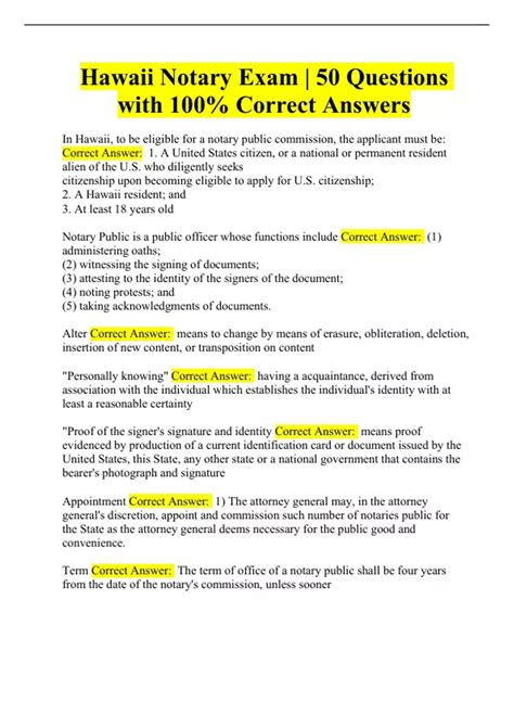 Hawaii Notary Exam Questions And Answers Solution Hawaii No