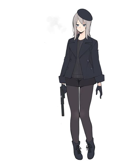 Safebooru 1girl Absurdres Akagawa007 Beret Blue Eyes Full Body Glock