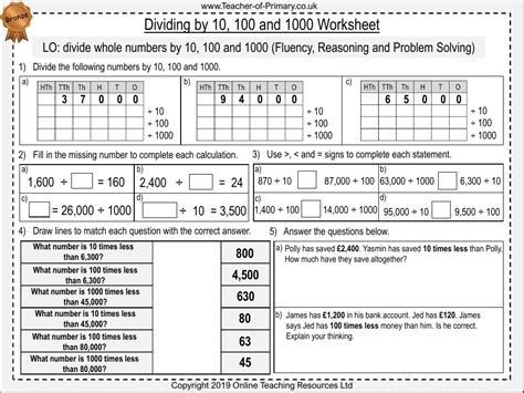 Dividing By 10 100 And 1000 Worksheet Maths Year 5