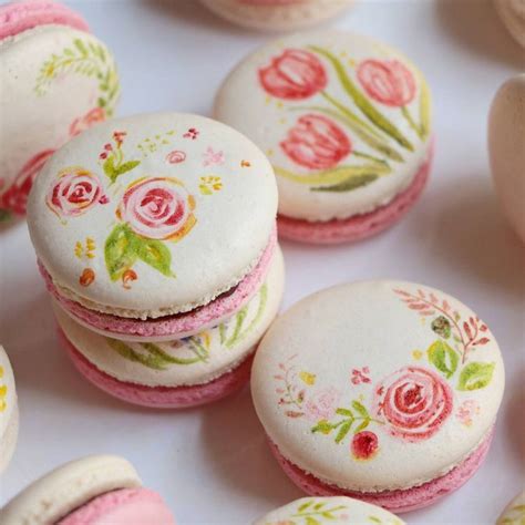 Painted Rose Macarons Cute Desserts Macaroon Recipes Macaron Recipe