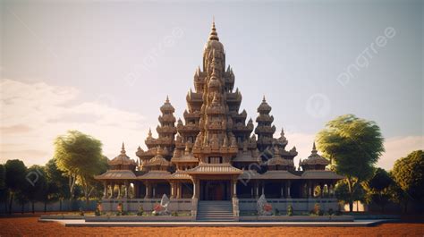 Beautiful Temple On Land With Pillars And Trees Background Picture Of