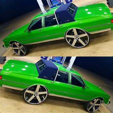 Two Pictures Of A Green Car With Chrome Rims