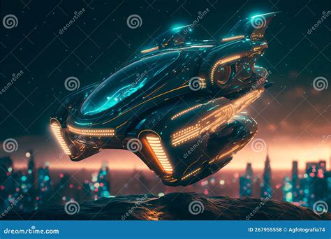 Illuminated Futuristic Autonomous Flying Car Science Fiction Scene