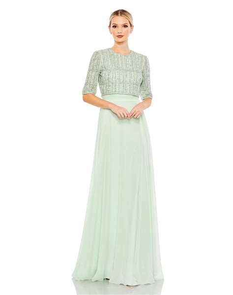 Mac Duggal Fully Beaded Bodice Chiffon Gown In Sage Modesens