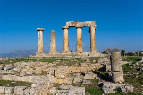 View Of The Temple Of Apollo In Ancient Corinth In Southern Greece