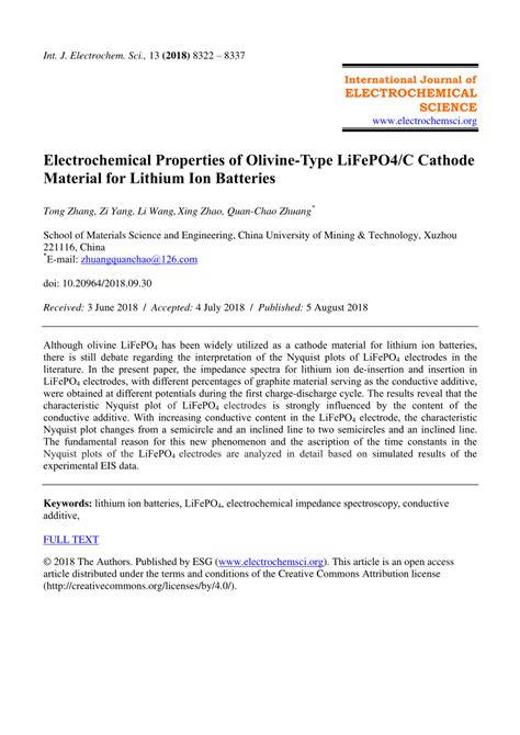 Pdf Electrochemical Properties Of Olivine Type Lifepo4 C Cathode Material For Lithium Ion