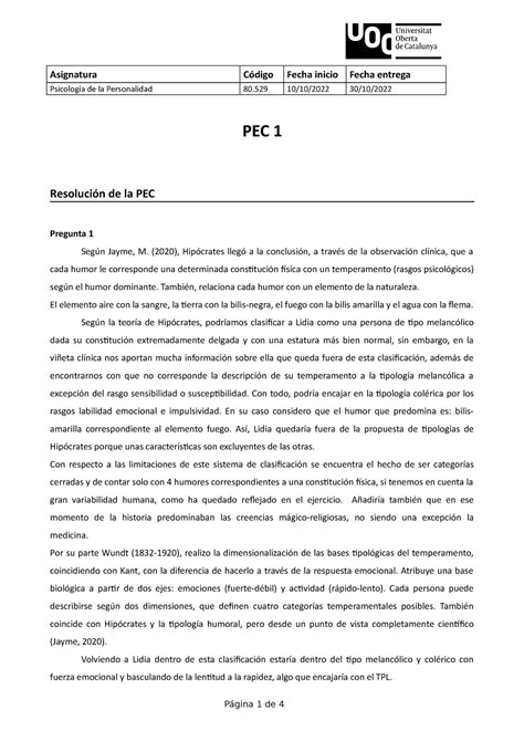 Respuesta PEC1 Primera prueba corta Psicología de la Personalidad